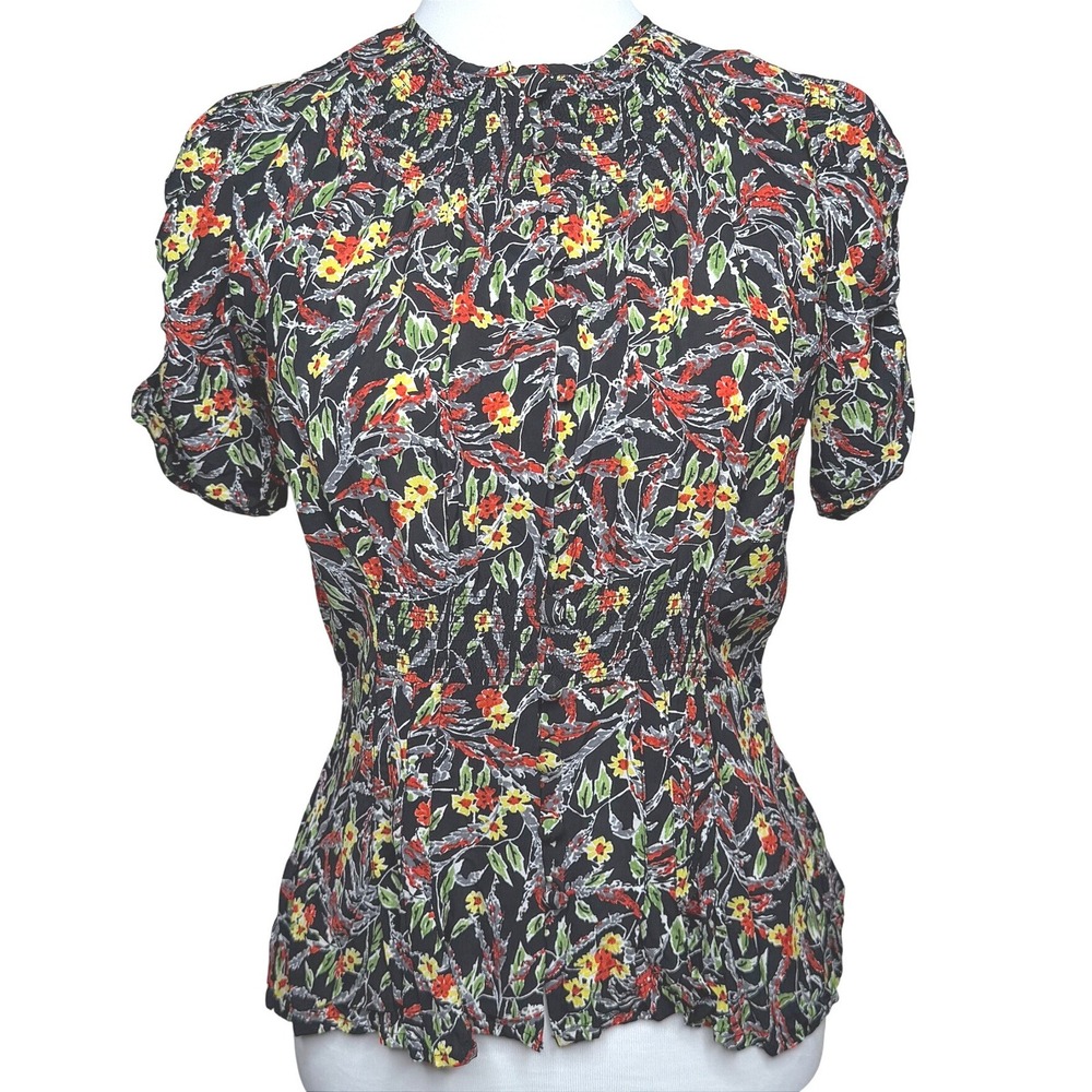 Polo Ralph Lauren Floral Smocked Waist Puff Sleeve Viscose Black Women's Top 4